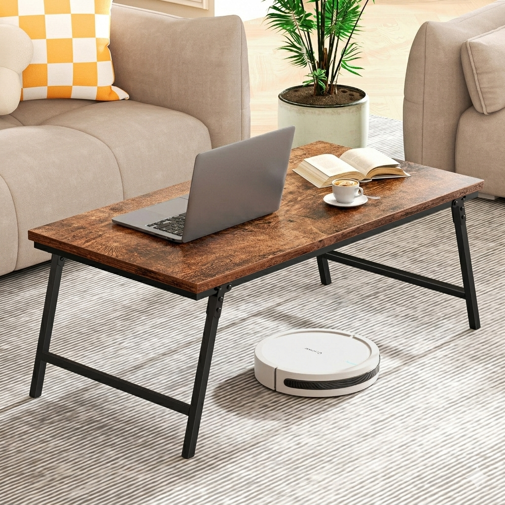 Flycity No Assembly Folding Coffee Table, Leg Latches Portable Sturdy Floor Table Desk for Sitting on The Floor, Low Coffee Table for Living Room, Home, Office, Rustic Brown, 41.34"x21.65"x15.75"