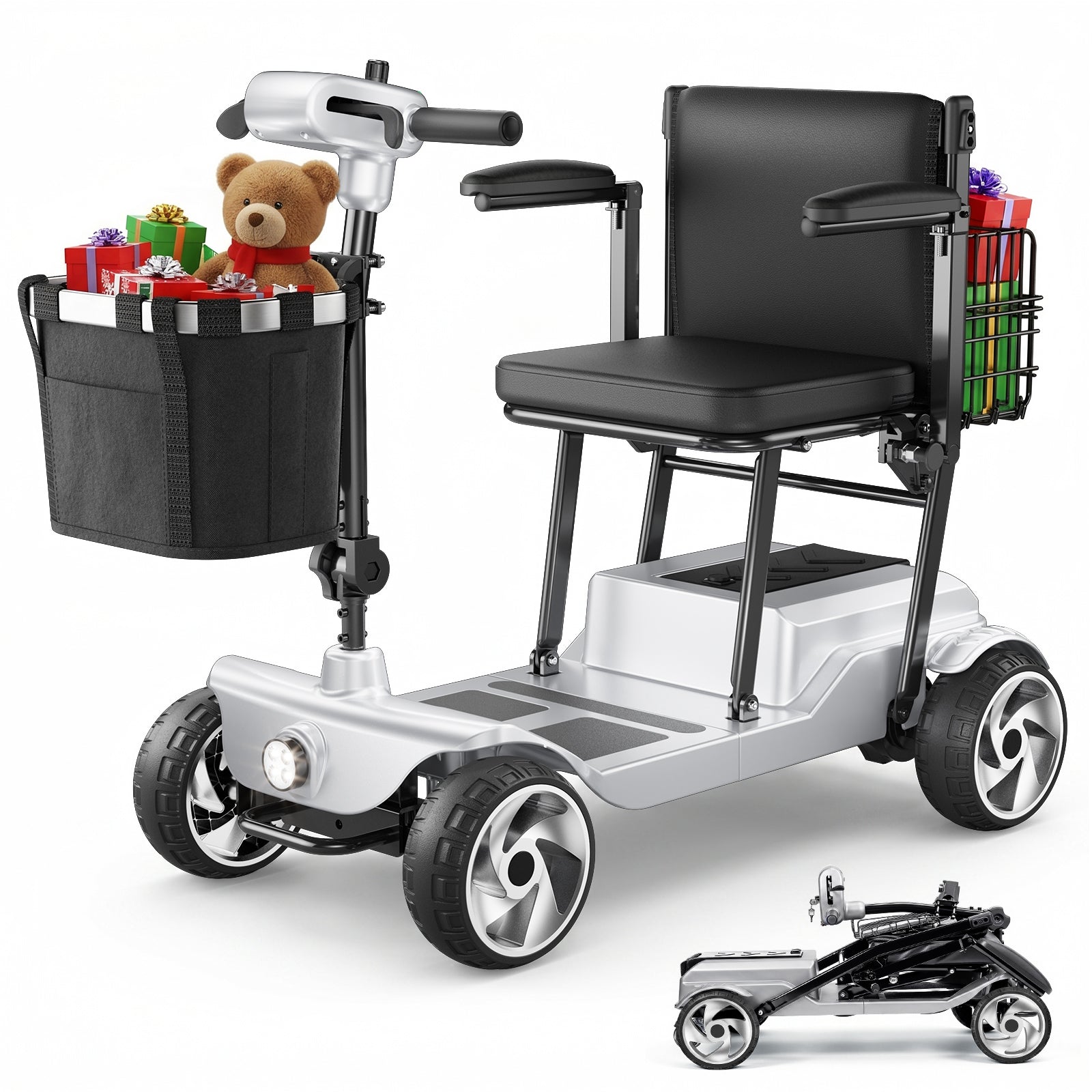 FLYCITY Lightweight Mobility Scooter for Seniors, Foldable Portable Motorized Scooters with Removable Lithium Battery for 15 Miles Travel, 330lb Capacity, Sliver