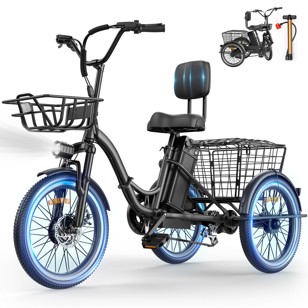 Flycity Electric Tricycle for Adults, Peak 1200W Electric Trike with 36V 13Ah Removable lithium battery, 20" 7 Speeds 3 Wheels Electric Bikes, Black