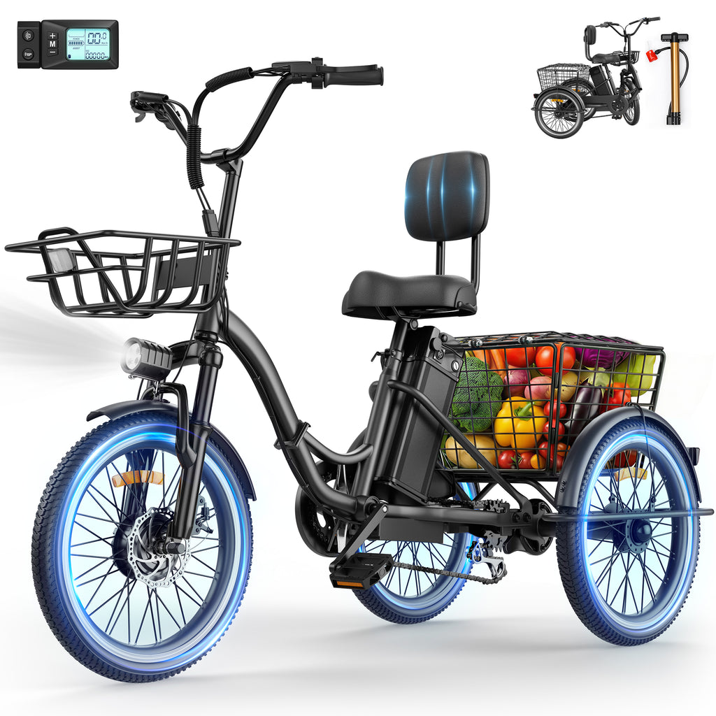 Flycity Electric Tricycle for Adults, Peak 1200W Electric Trike with 36V 13Ah Removable lithium battery, 20" 7 Speeds 3 Wheels Electric Bikes, Black