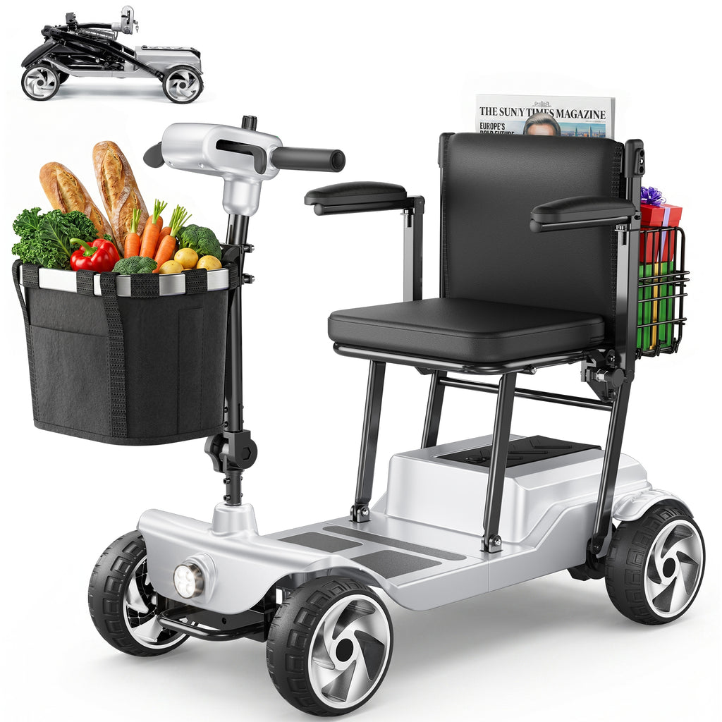 FLYCITY Lightweight Mobility Scooter for Seniors, Foldable Portable Motorized Scooters with Removable Lithium Battery for 28 Miles Travel, 330lb Capacity, Silver