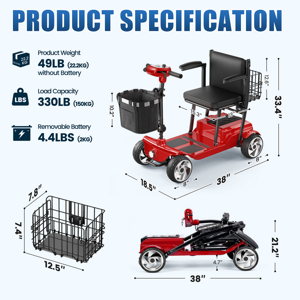 FLYCITY Lightweight Mobility Scooter for Seniors, Foldable Portable Motorized Scooters with Removable Lithium Battery for 15 Miles Travel, 330lb Capacity, Red