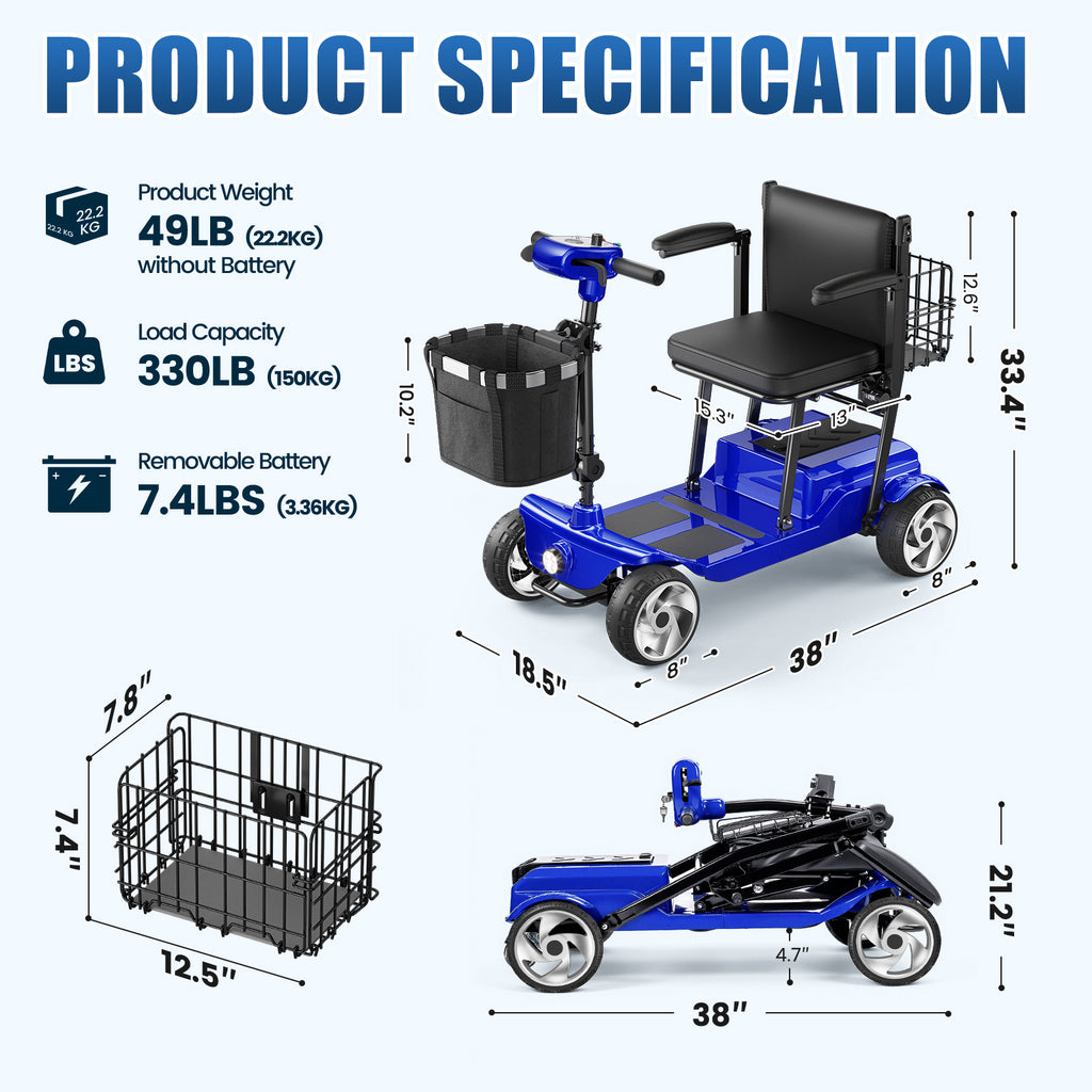 FLYCITY Lightweight Mobility Scooter for Seniors, Foldable Portable Motorized Scooters with Removable Lithium Battery for 28 Miles Travel, 330lb Capacity,  Blue