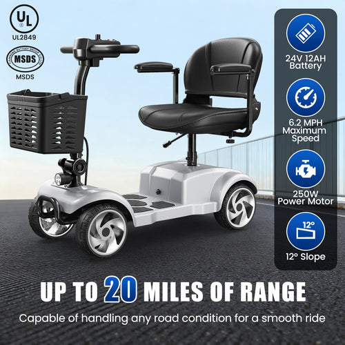 Flycity 24V 4 Wheel Mobility Scooter for Seniors, Foldable 30 Miles Long Range Electric Scooter with LED Lights and Basket, 20Ah Electric Powered Wheelchair Device for Adults, Silver