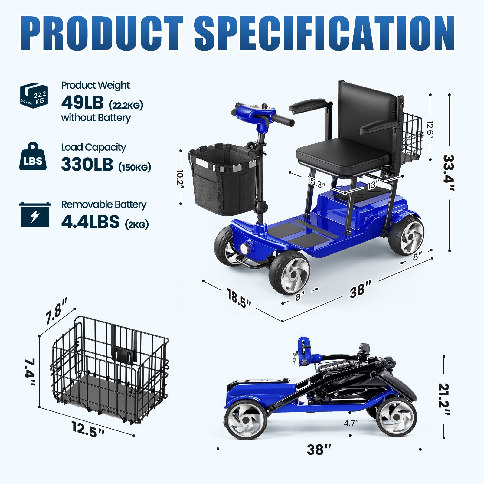 FLYCITY Lightweight Mobility Scooter for Seniors, Foldable Portable Motorized Scooters with Removable Lithium Battery for 15 Miles Travel, 330lb Capacity, Blue