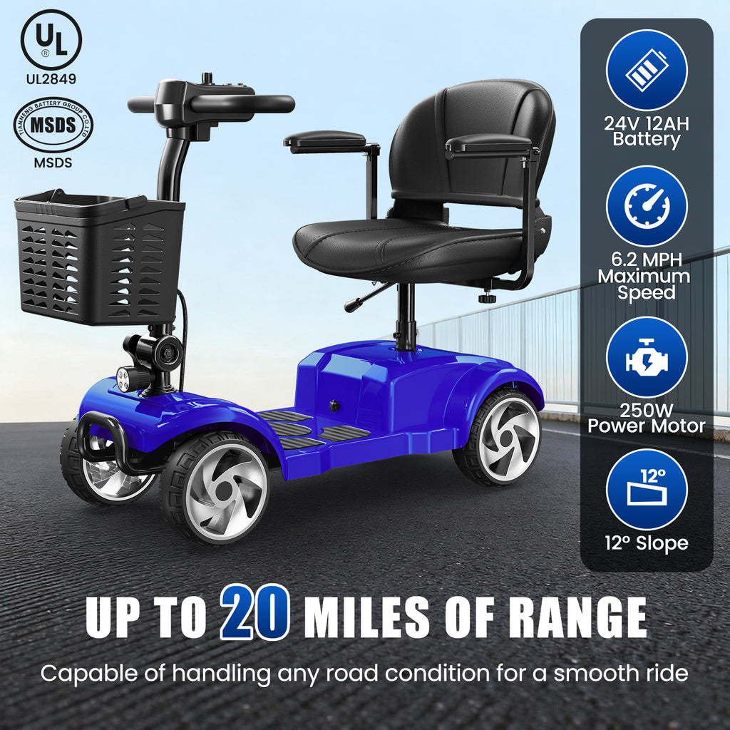 Flycity 24V 4 Wheel Mobility Scooter for Seniors, Foldable 20 Miles Long Range Electric Scooter with LED Lights and Basket, 12Ah Electric Powered Wheelchair Device for Adults, Blue