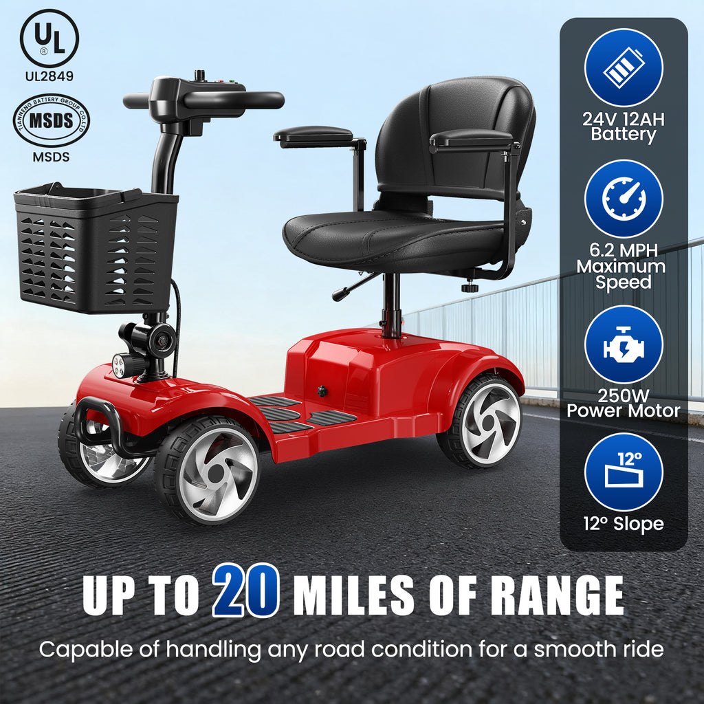 Flycity 24V 4 Wheel Mobility Scooter for Seniors, Foldable 30 Miles Long Range Electric Scooter with LED Lights and Basket, 20Ah Electric Powered Wheelchair Device for Adults, Red