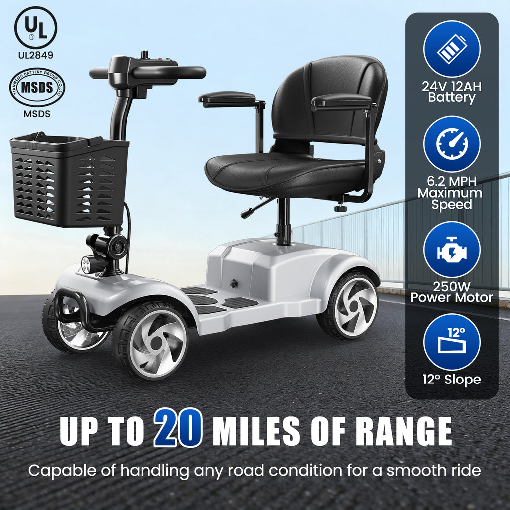 Flycity 24V 4 Wheel Mobility Scooter for Seniors, Foldable 20 Miles Long Range Electric Scooter with LED Lights and Basket, 12Ah Electric Powered Wheelchair Device for Adults, Silver