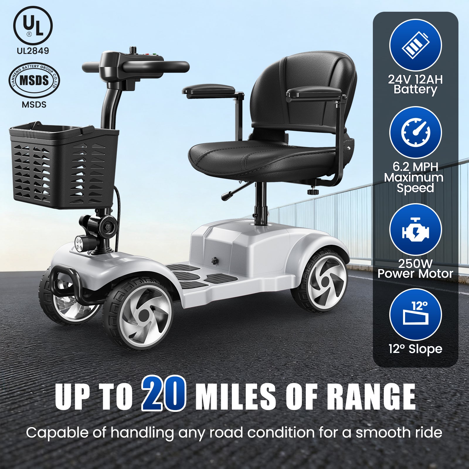 Flycity 24V 4 Wheel Mobility Scooter for Seniors, Foldable 20 Miles Long Range Electric Scooter with LED Lights and Basket, 12Ah Electric Powered Wheelchair Device for Adults, Silver