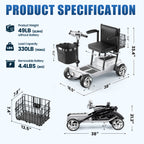 FLYCITY Lightweight Mobility Scooter for Seniors, Foldable Portable Motorized Scooters with Removable Lithium Battery for 15 Miles Travel, 330lb Capacity, Sliver