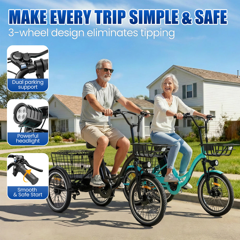Flycity Electric Tricycle for Adults, Peak 1200W Electric Trike with 36V 13Ah Removable lithium battery, 20" 7 Speeds 3 Wheels Electric Bikes, Green