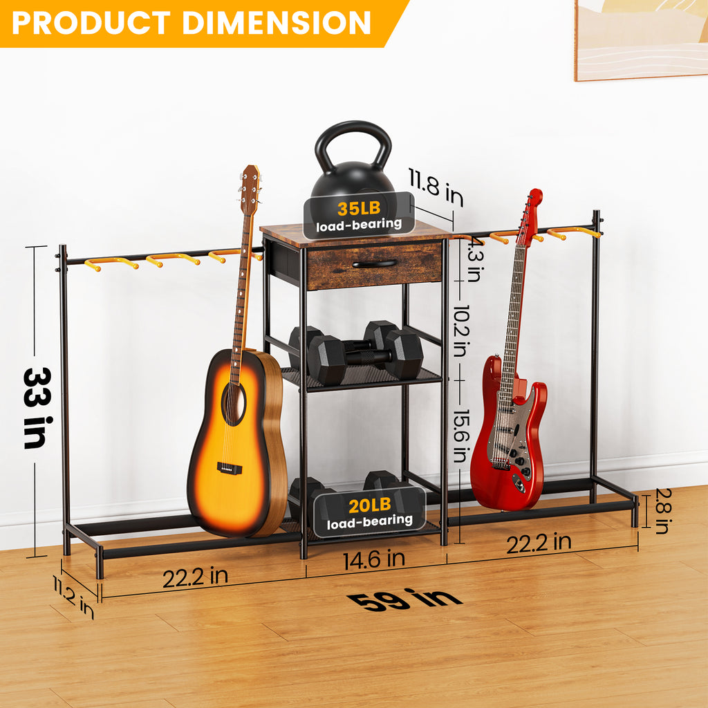 Flycity Guitar Stands Floor with 6 Guitar Holders, 3 Tier Guitar Rack with Amp Stand & Cloth Drawer, Floor Adjustable Guitar Holder Display for Music Room Home Studio