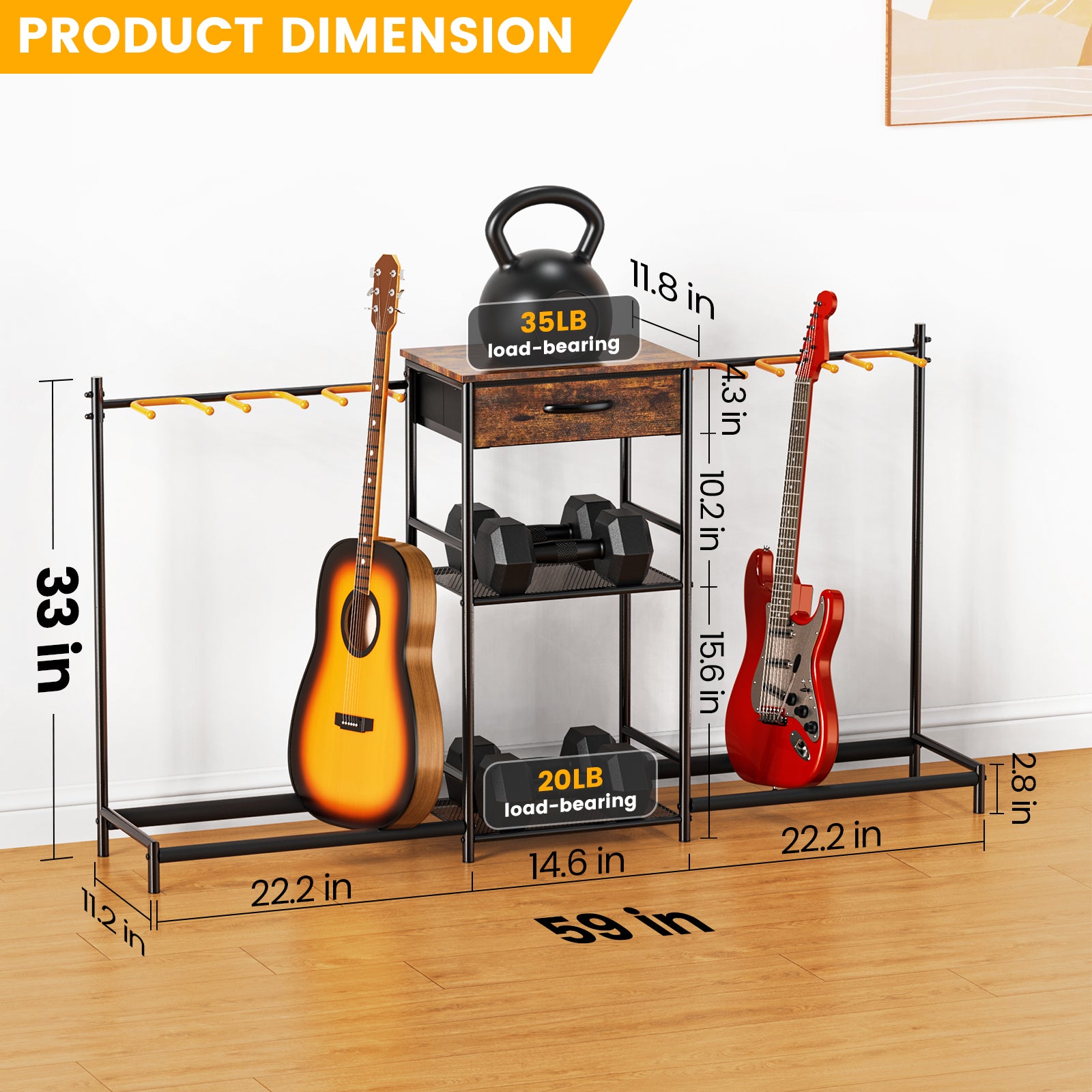 Flycity Guitar Stands Floor with 6 Guitar Holders, 3 Tier Guitar Rack with Amp Stand & Cloth Drawer, Floor Adjustable Guitar Holder Display for Music Room Home Studio