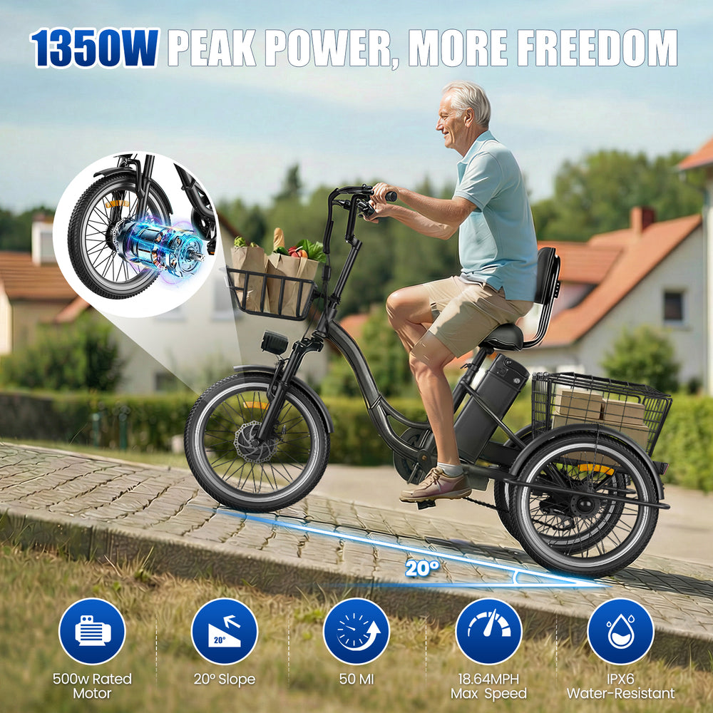 Flycity Electric Tricycle for Adults, Peak 1200W Electric Trike with 48V 20Ah Removable lithium battery, 20" 7 Speeds 3 Wheels Electric Bikes, Green