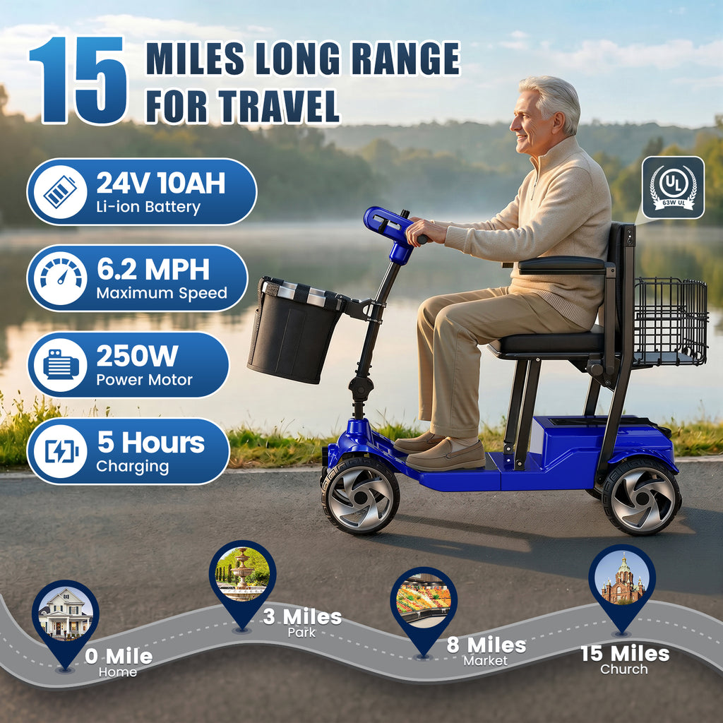 FLYCITY Lightweight Mobility Scooter for Seniors, Foldable Portable Motorized Scooters with Removable Lithium Battery for 15 Miles Travel, 330lb Capacity, Blue