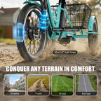 Flycity Electric Tricycle for Adults, Peak 1200W Electric Trike with 48V 15Ah Removable lithium battery, 20" 7 Speeds 3 Wheels Electric Bikes, Green