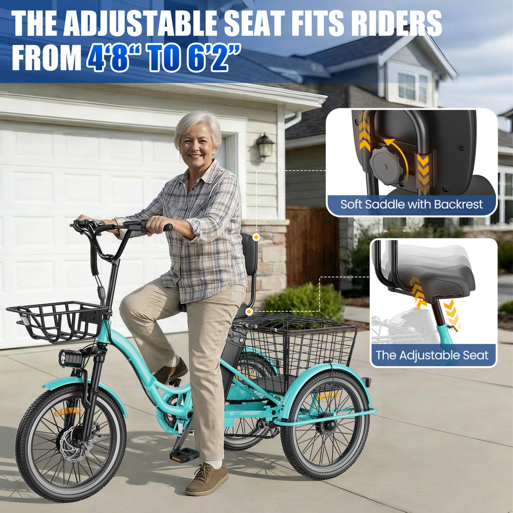 Flycity Electric Tricycle for Adults, Peak 1200W Electric Trike with 48V 20Ah Removable lithium battery, 20" 7 Speeds 3 Wheels Electric Bikes, Green