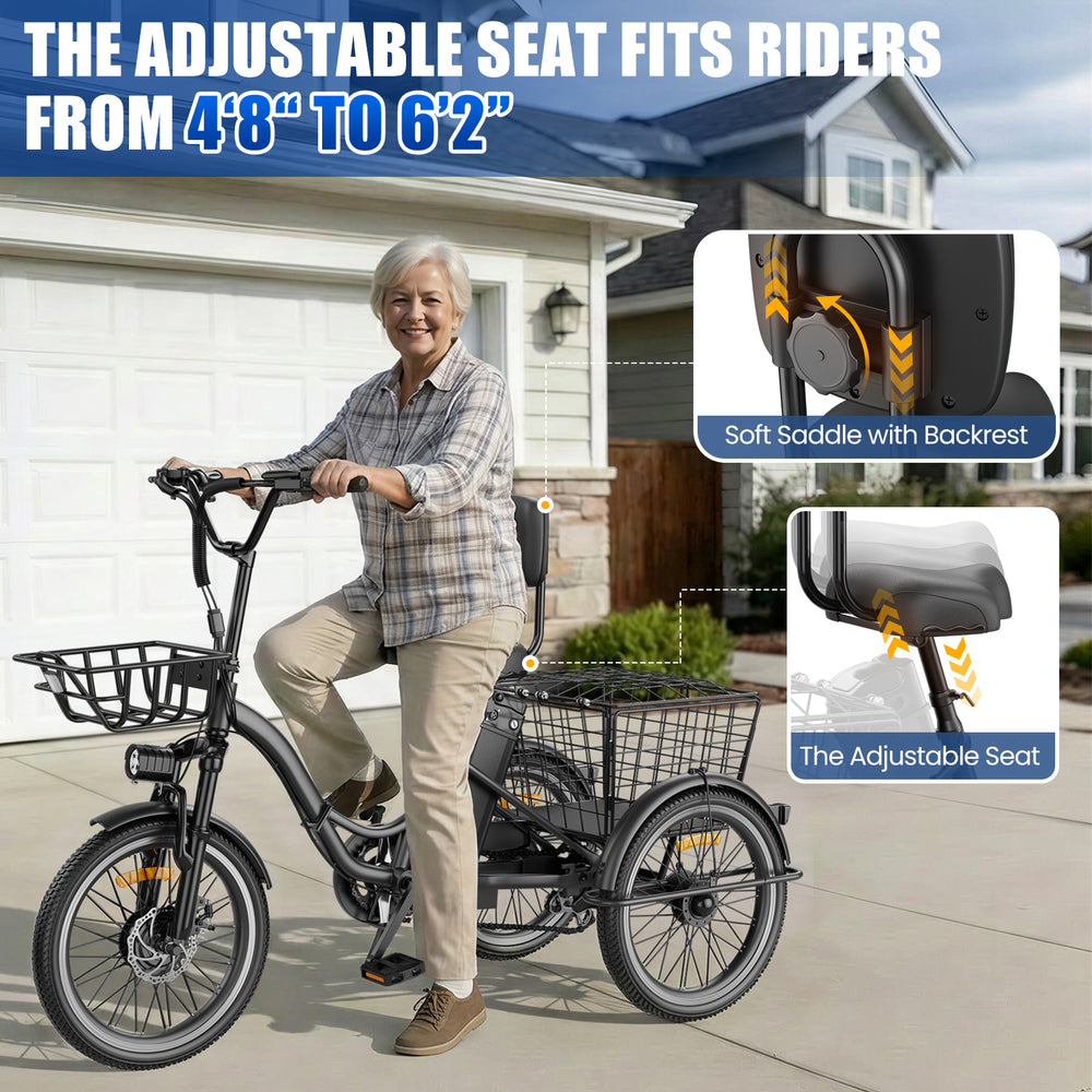 Flycity Electric Tricycle for Adults, Peak 1200W Electric Trike with 36V 13Ah Removable lithium battery, 20" 7 Speeds 3 Wheels Electric Bikes, Black