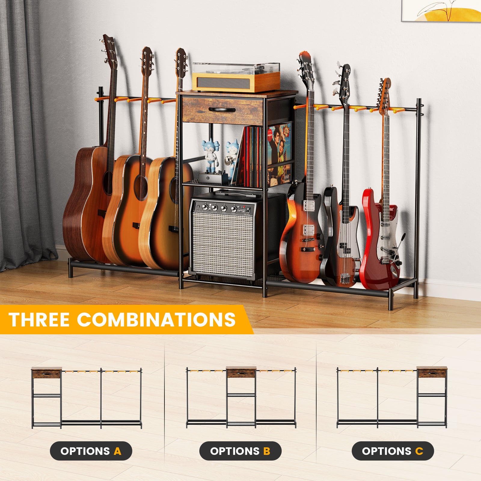 Flycity Guitar Stands Floor with 6 Guitar Holders, 3 Tier Guitar Rack with Amp Stand & Cloth Drawer, Floor Adjustable Guitar Holder Display for Music Room Home Studio