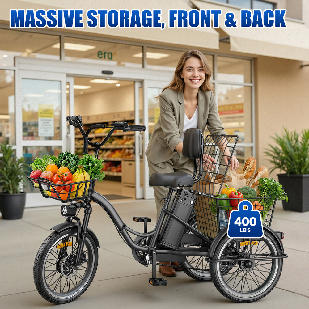 Flycity Electric Tricycle for Adults, Peak 1200W Electric Trike with 36V 13Ah Removable lithium battery, 20" 7 Speeds 3 Wheels Electric Bikes, Black