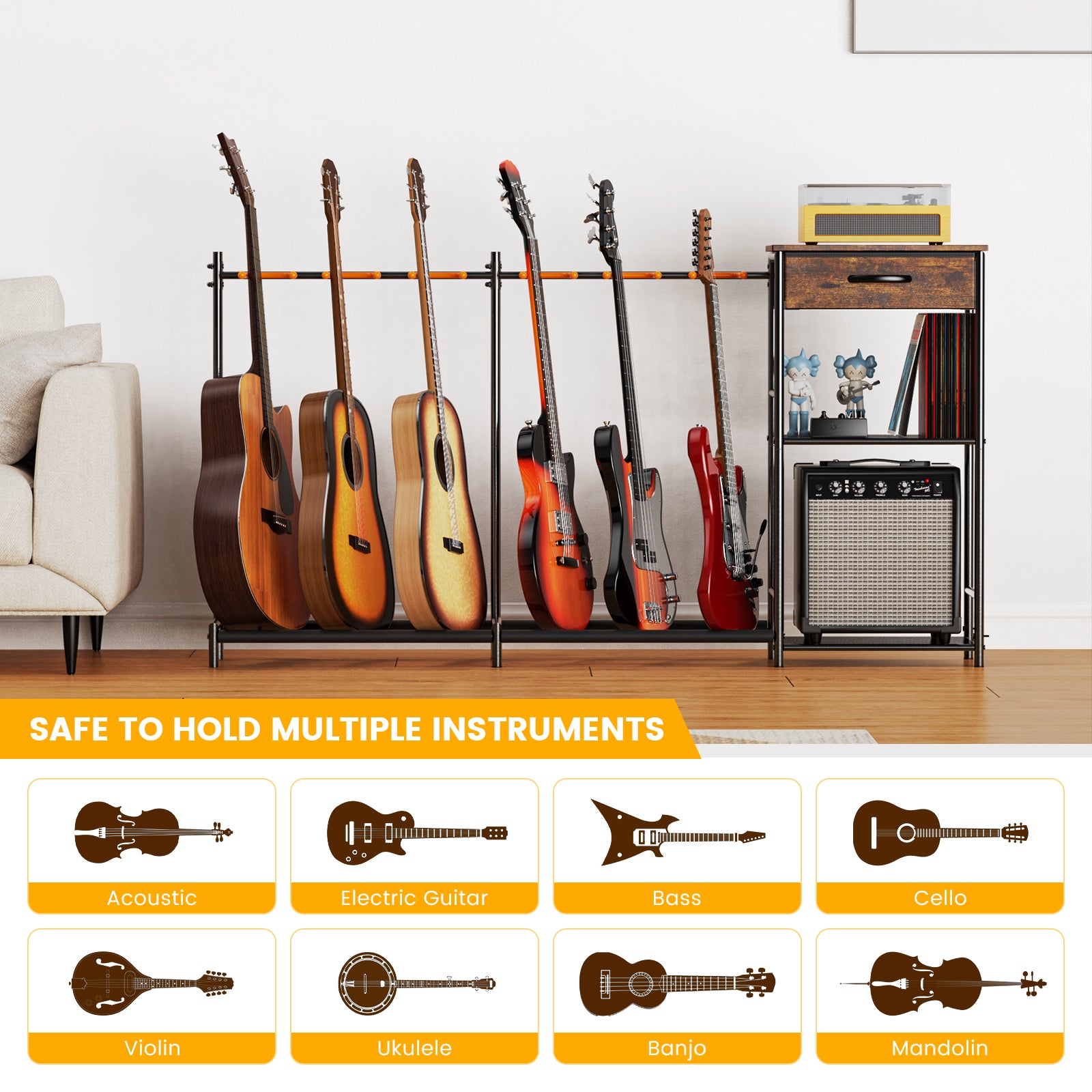 Flycity Guitar Stands Floor with 6 Guitar Holders, 3 Tier Guitar Rack with Amp Stand & Cloth Drawer, Floor Adjustable Guitar Holder Display for Music Room Home Studio