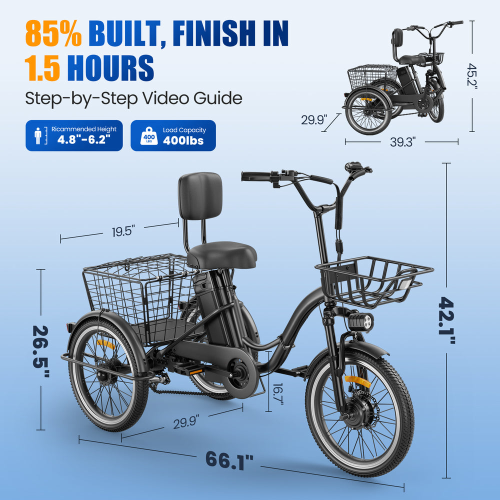 Flycity Electric Tricycle for Adults, Peak 1200W Electric Trike with 48V 20Ah Removable lithium battery, 20" 7 Speeds 3 Wheels Electric Bikes, Black