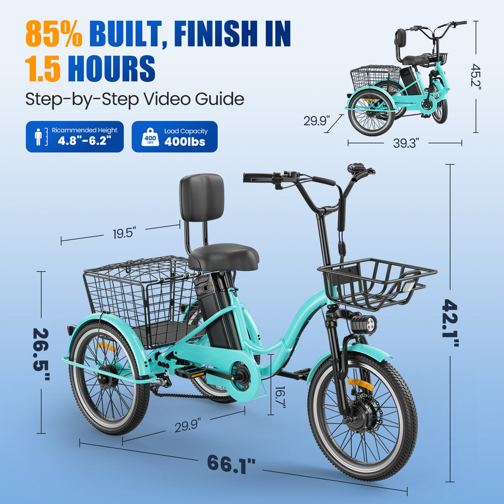 Flycity Electric Tricycle for Adults, Peak 1200W Electric Trike with 36V 13Ah Removable lithium battery, 20" 7 Speeds 3 Wheels Electric Bikes, Green