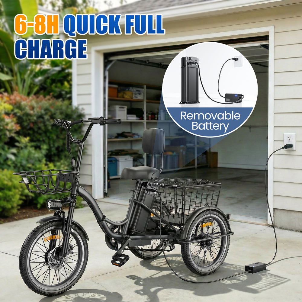 Flycity Electric Tricycle for Adults, Peak 1200W Electric Trike with 48V 15Ah Removable lithium battery, 20" 7 Speeds 3 Wheels Electric Bikes, Black
