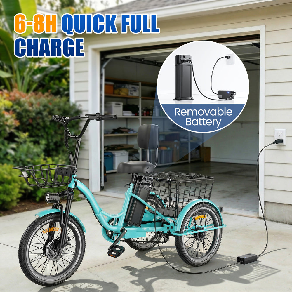 Flycity Electric Tricycle for Adults, Peak 1200W Electric Trike with 36V 13Ah Removable lithium battery, 20" 7 Speeds 3 Wheels Electric Bikes, Green