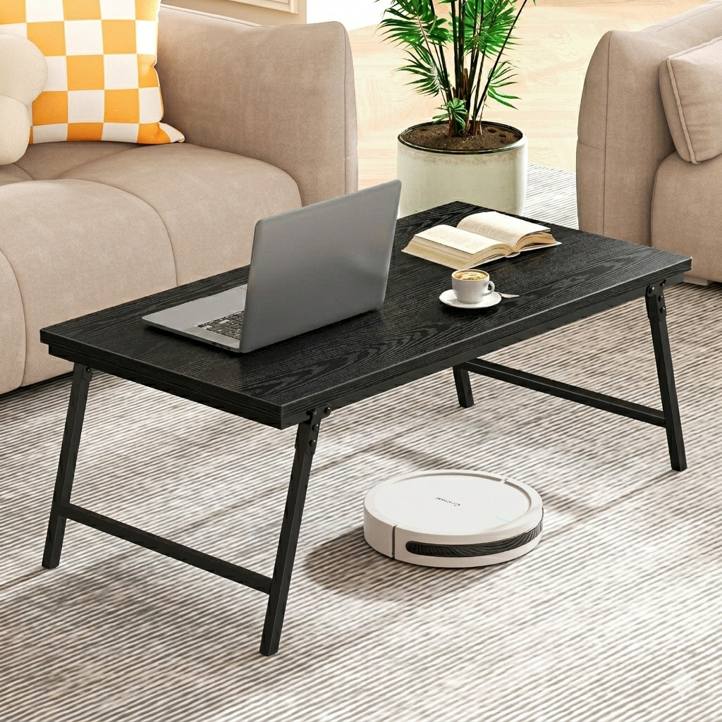 Flycity No Assembly Folding Coffee Table, Leg Latches Portable Sturdy Floor Table Desk for Sitting on The Floor, Low Coffee Table for Living Room, Home, Office, Black, 41.34"x21.65"x15.75"