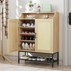 Flycity Rattan Shoe Cabinet with Doors, 7-Tier Shoe Rack Organizer Cabinet with Adjustable Shelves & Buffer Hinge, Freestanding Storage with Anti-Tip Fitting for Entryway, Hallway