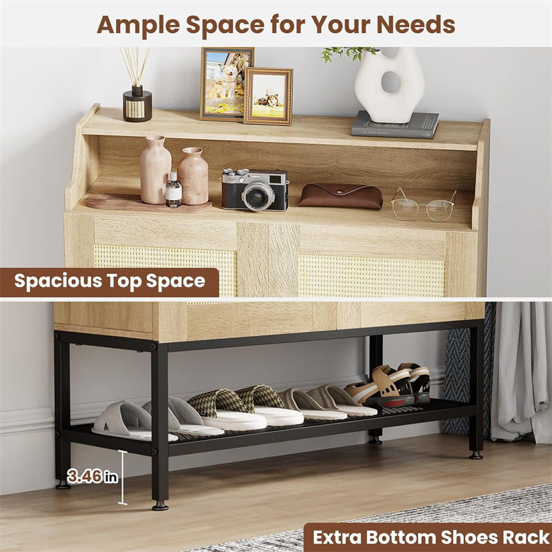 Flycity Rattan Shoe Cabinet with Doors, 7-Tier Shoe Rack Organizer Cabinet with Adjustable Shelves & Buffer Hinge, Freestanding Storage with Anti-Tip Fitting for Entryway, Hallway