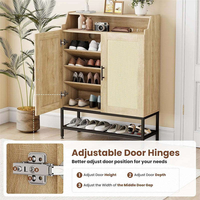 Flycity Rattan Shoe Cabinet with Doors, 7-Tier Shoe Rack Organizer Cabinet with Adjustable Shelves & Buffer Hinge, Freestanding Storage with Anti-Tip Fitting for Entryway, Hallway