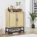 Flycity Rattan Shoe Cabinet with Doors, 7-Tier Shoe Rack Organizer Cabinet with Adjustable Shelves & Buffer Hinge, Freestanding Storage with Anti-Tip Fitting for Entryway, Hallway