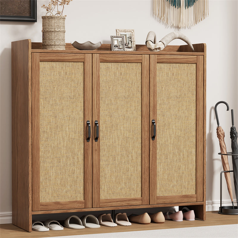 Flycity Rattan Shoe Storage Cabinet, 6-Tiers Shoe Rack with 3 Doors, Freestanding Shoe Organizer with Adjustable Shelves for Entryway Hallway, Beige