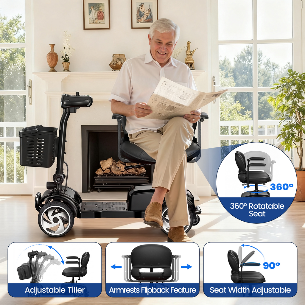 Flycity 24V 4 Wheel Mobility Scooter for Seniors, Foldable 20 Miles Long Range Electric Scooter with LED Lights and Basket, 12Ah Electric Powered Wheelchair Device for Adults, Black