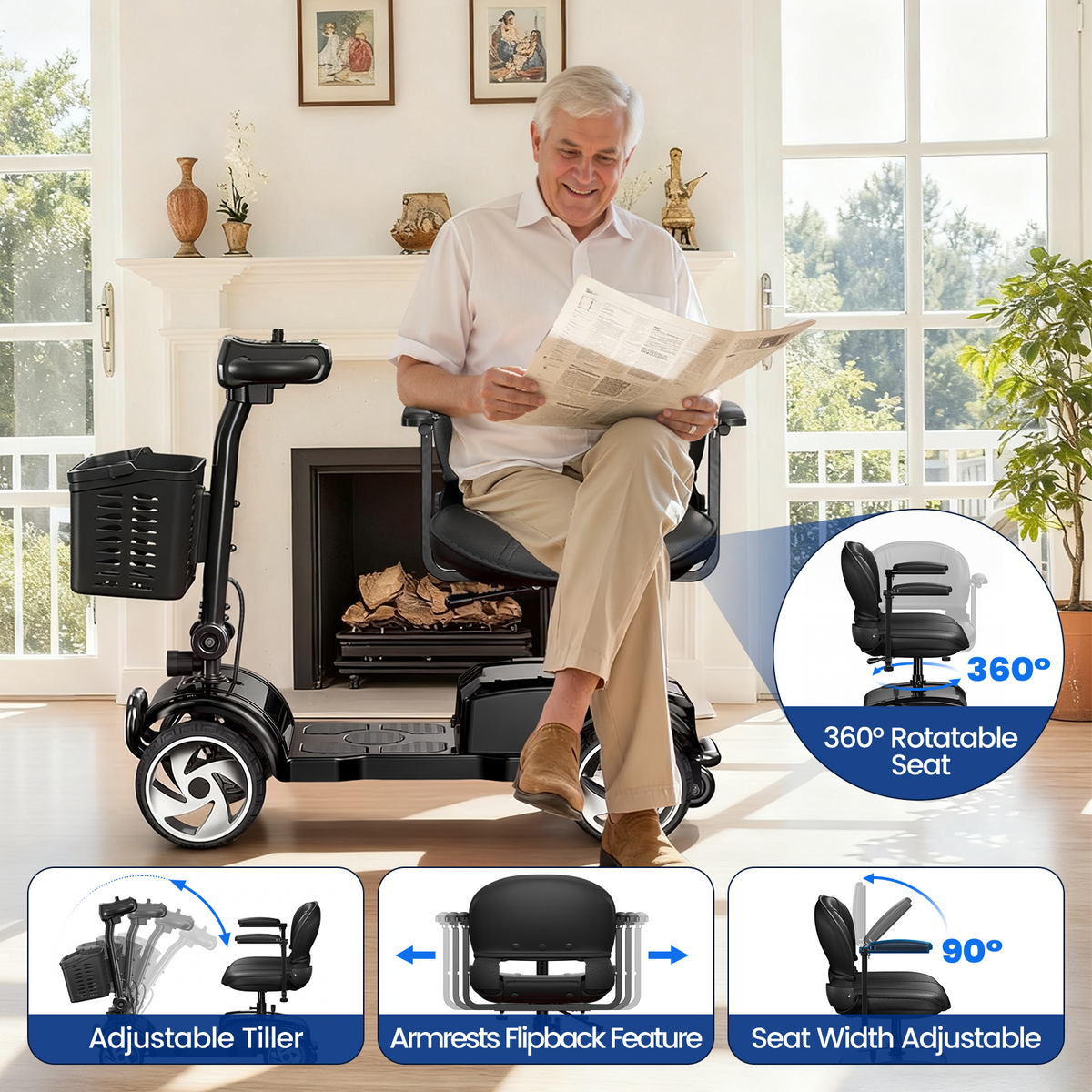 Flycity 24V 4 Wheel Mobility Scooter for Seniors, Foldable 20 Miles Long Range Electric Scooter with LED Lights and Basket, 12Ah Electric Powered Wheelchair Device for Adults, Black
