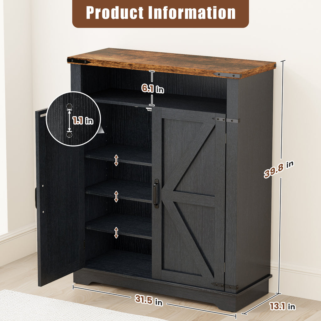 Flycity 6 Tiers Shoe Cabinet with Doors, Shoe Rack with Adjustable Shelves & Anti-tip Fitting, Shoe Storage Organizer for Entryway Living Room Bedroom, Black+Brown