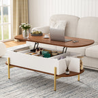 Flycity 48" Oval Lift Top Coffee Table with Hidden Storage and Open Shelves, Lift up Coffee Table for Living Room Bedroom, Max Load 400 Lbs, Brown + White