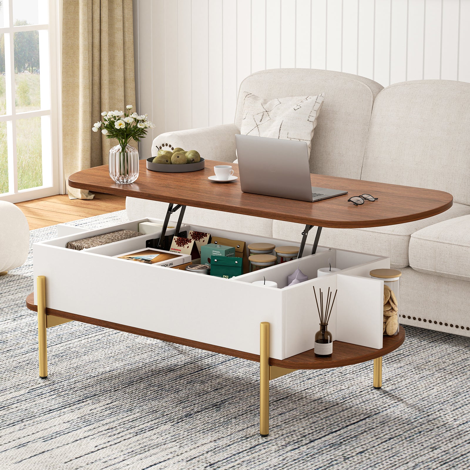Flycity 48" Oval Lift Top Coffee Table with Hidden Storage and Open Shelves, Lift up Coffee Table for Living Room Bedroom, Max Load 400 Lbs, Brown + White