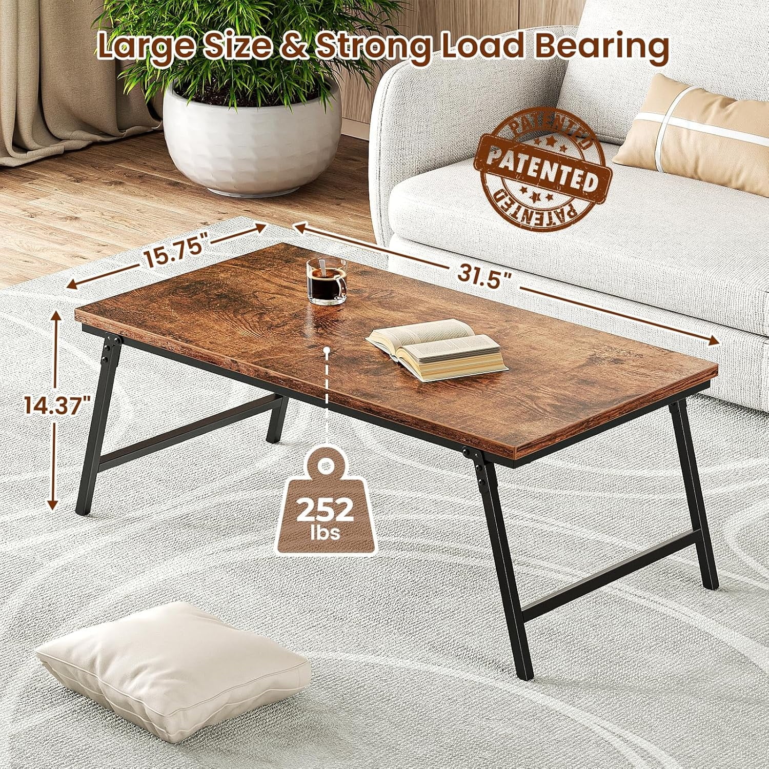 Flycity No Assembly Mini Folding Coffee Table, Leg Latches Portable Sturdy Floor Table Desk for Sitting on The Floor, Low Coffee Table for Living Room, Home, Office, Rustic Brown, 31.5"x15.75"x14.37"