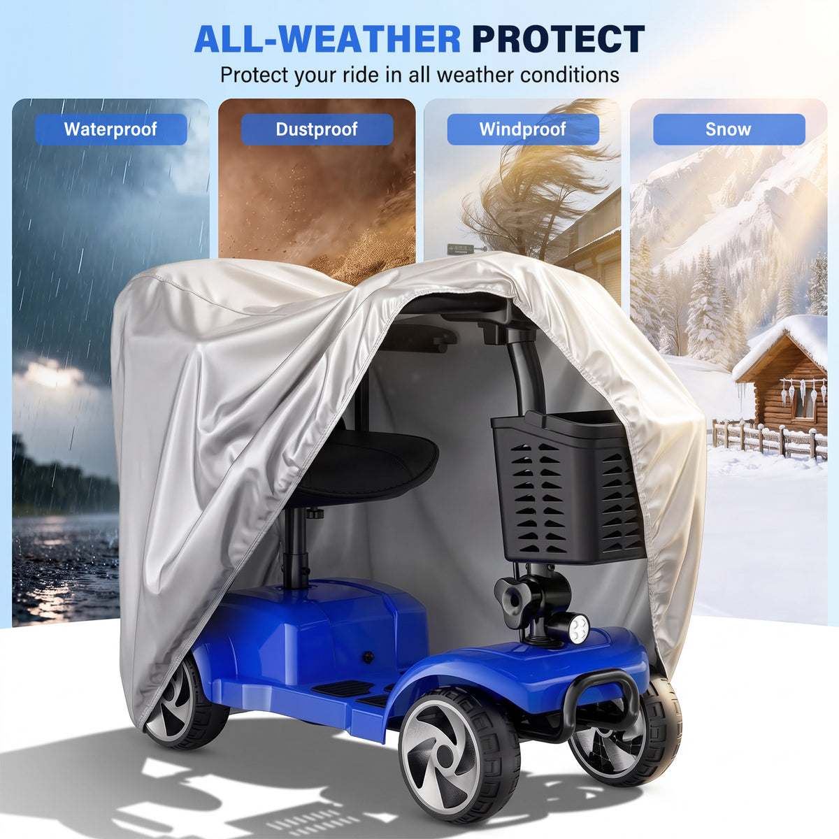 Flycity Mobility Scooter Cover, Wheelchair Cover Waterproof for 3&4 Wheels Electric Mobility Scooter, Silver