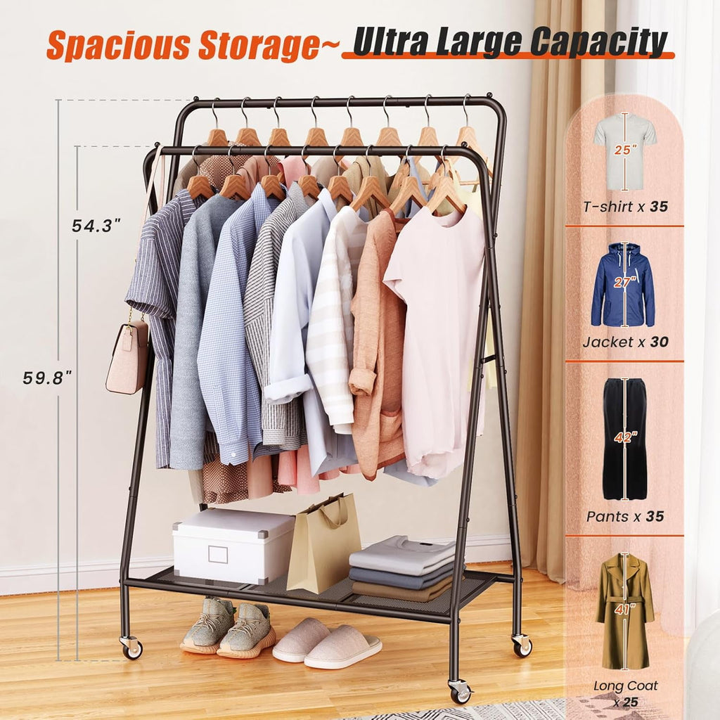 Flycity Metal Clothes Garment Rack, Portable Clothing Racks for Hanging Clothes with Wheels, Easy Assembly for Bedroom, Entryway, Laundry