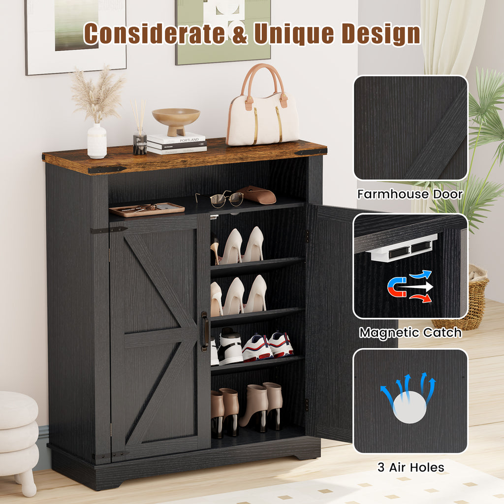 Flycity 6 Tiers Shoe Cabinet with Doors, Shoe Rack with Adjustable Shelves & Anti-tip Fitting, Shoe Storage Organizer for Entryway Living Room Bedroom, Black+Brown