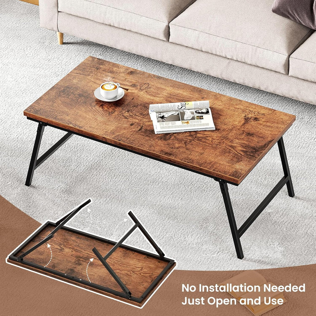 Flycity No Assembly Mini Folding Coffee Table, Leg Latches Portable Sturdy Floor Table Desk for Sitting on The Floor, Low Coffee Table for Living Room, Home, Office, Rustic Brown, 31.5"x15.75"x14.37"