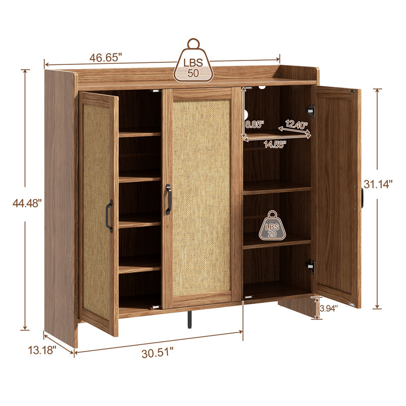 Flycity Rattan Shoe Storage Cabinet, 6-Tiers Shoe Rack with 3 Doors, Freestanding Shoe Organizer with Adjustable Shelves for Entryway Hallway, Beige