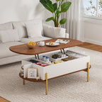 Flycity 48" Oval Lift Top Coffee Table with Hidden Storage and Open Shelves, Lift up Coffee Table for Living Room Bedroom, Max Load 400 Lbs, Brown + White