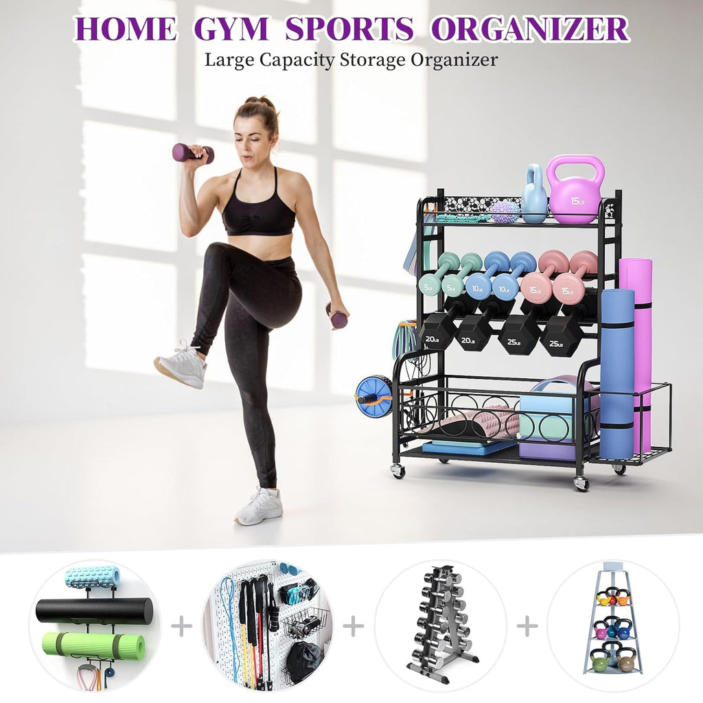 Flycity Dumbbell Rack, Weight Rack for Dumbbells, Home Gym Storage for Dumbbells Kettlebells Yoga Mat and Balls, Weight Storage Holder Rack with Wheels and Hooks