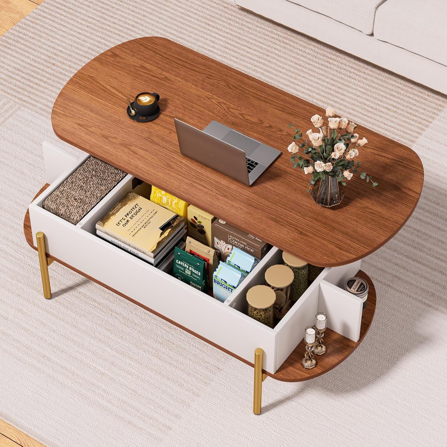 Flycity 48" Oval Lift Top Coffee Table with Hidden Storage and Open Shelves, Lift up Coffee Table for Living Room Bedroom, Max Load 400 Lbs, Brown + White