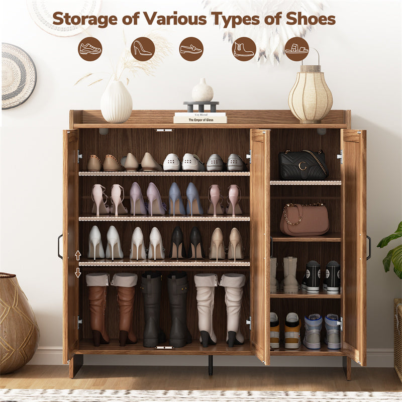 Flycity Rattan Shoe Storage Cabinet, 6-Tiers Shoe Rack with 3 Doors, Freestanding Shoe Organizer with Adjustable Shelves for Entryway Hallway, Beige